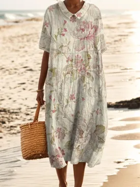 Akivide Women Summer Floral Print Cotton Linen Maxi Dress Short Sleeve Boho Collared Crewneck Flowy Beach Dress with Pocket