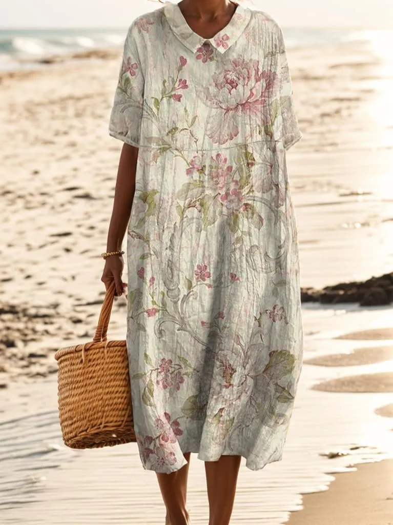 Akivide Women Summer Floral Print Cotton Linen Maxi Dress Short Sleeve Boho Collared Crewneck Flowy Beach Dress with Pocket