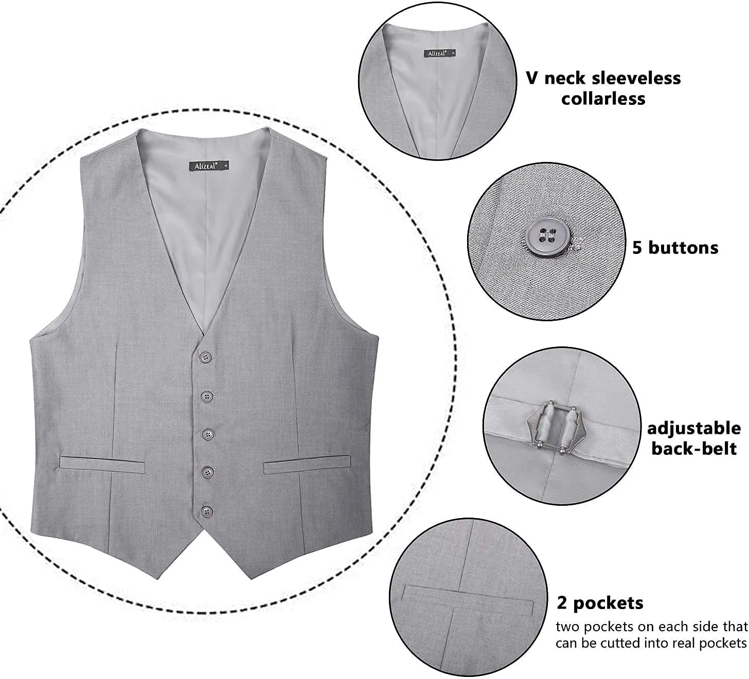 Alizeal Mens Classic Solid Color Business Suit Vest Regular Fit Tuxedo Waistcoat for Wedding