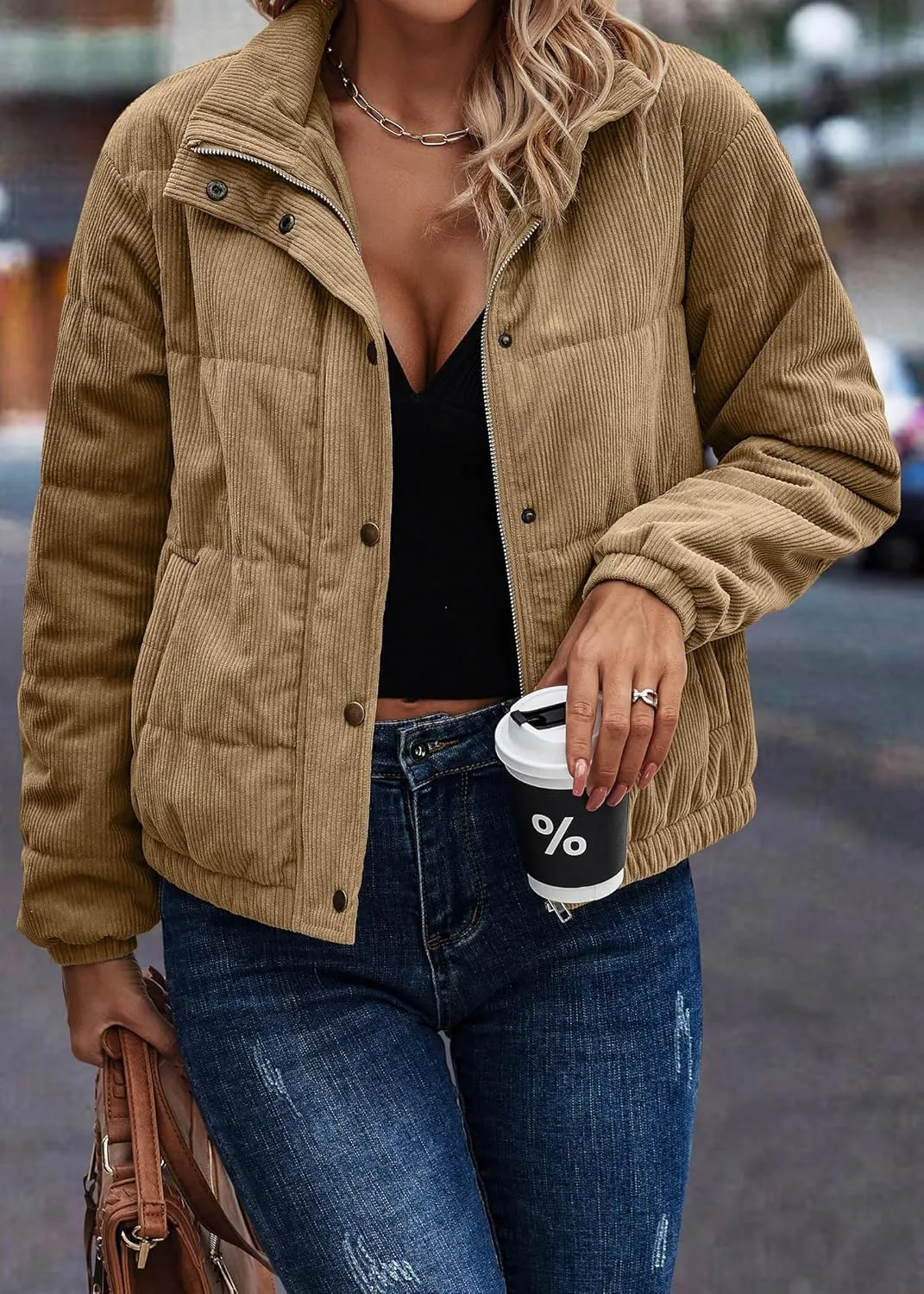 Angashion Women's Bomber Jacket Corduroy Ribbed Quilted Zip Up Long Sleeve Winter Coat Fall Outerwear Tops with Pockets