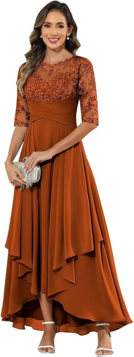 BANTRATIC Women's Ankle Length Mother of The Bride Dresses for Wedding Lace Appliques Crew Neck Tiered Formal Evening Gown