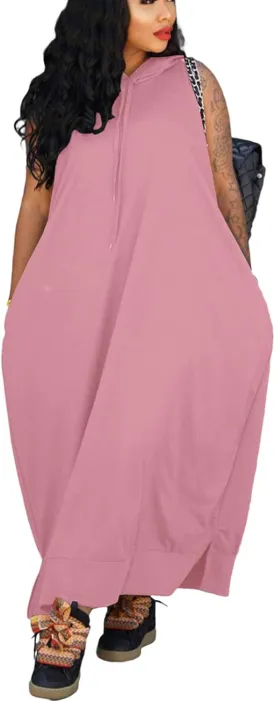 Bluewolfsea Women Casual Loose Fit Sleeveless Pullover Maxi Hoodie Dress with Pockets Side Slit Tshirt Maxi Dress