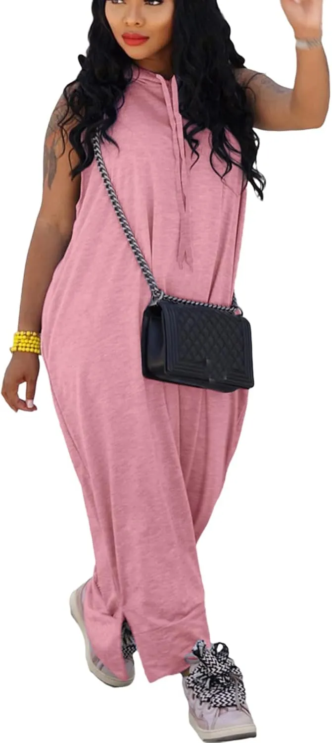 Bluewolfsea Women Casual Loose Fit Sleeveless Pullover Maxi Hoodie Dress with Pockets Side Slit Tshirt Maxi Dress