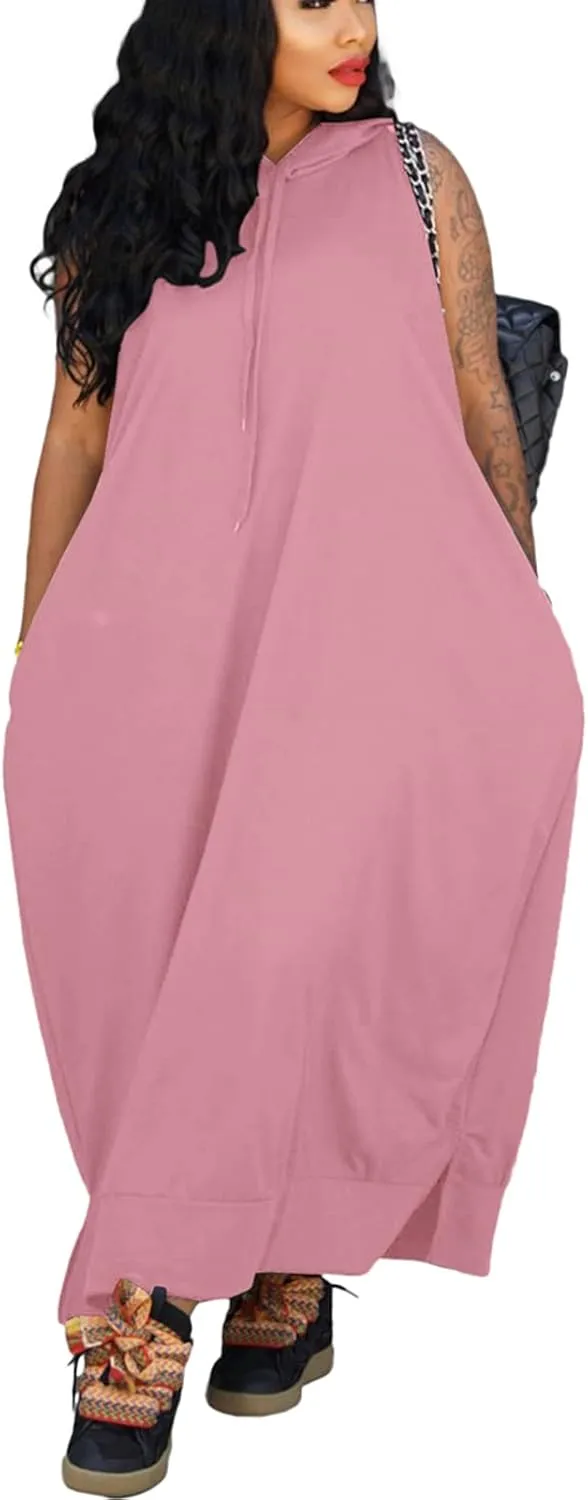 Bluewolfsea Women Casual Loose Fit Sleeveless Pullover Maxi Hoodie Dress with Pockets Side Slit Tshirt Maxi Dress
