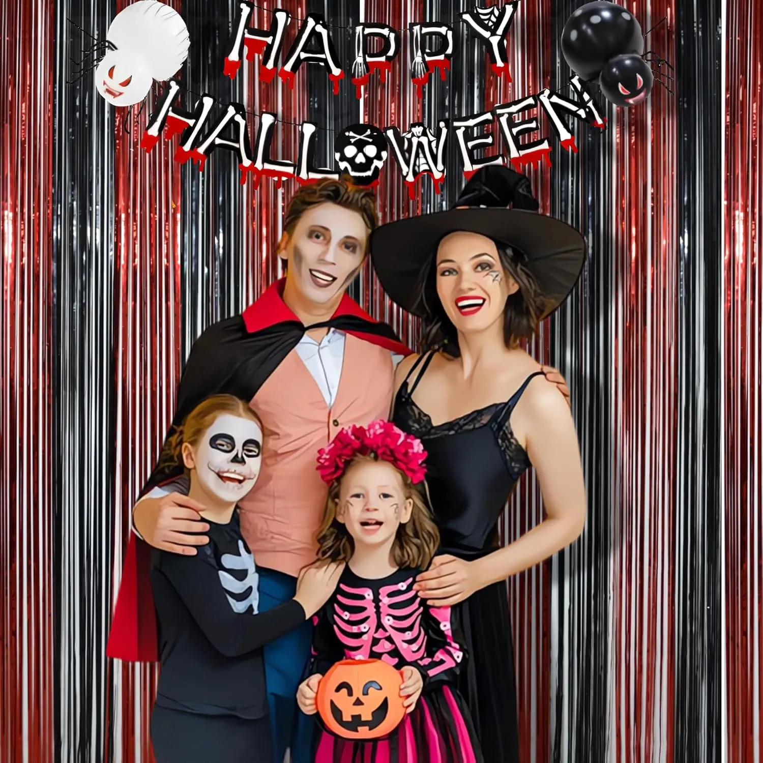 BRAVESHINE Tinsel Photo Backdrop Curtains - 2 Pack 3.2x8.2ft Black Red Foil Fringe Streamer Curtain for Halloweens, Lantern, Pumpkin, Home, Indoor or Outdoor Party Supplies Decorations
