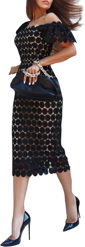 Cololura Elegant Sexy Floral Lace Short Sleeve Off Shoulder Evening Gown Party Formal Bodycon Midi Dress