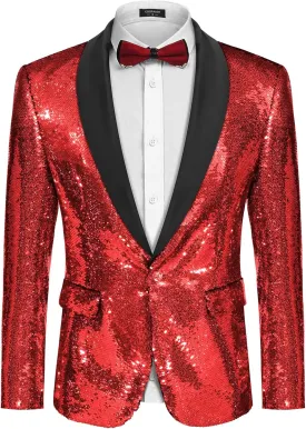 COOFANDY Men Shiny Sequin Blazer Tuxedo Party Dinner Prom One Button Suit Jacket