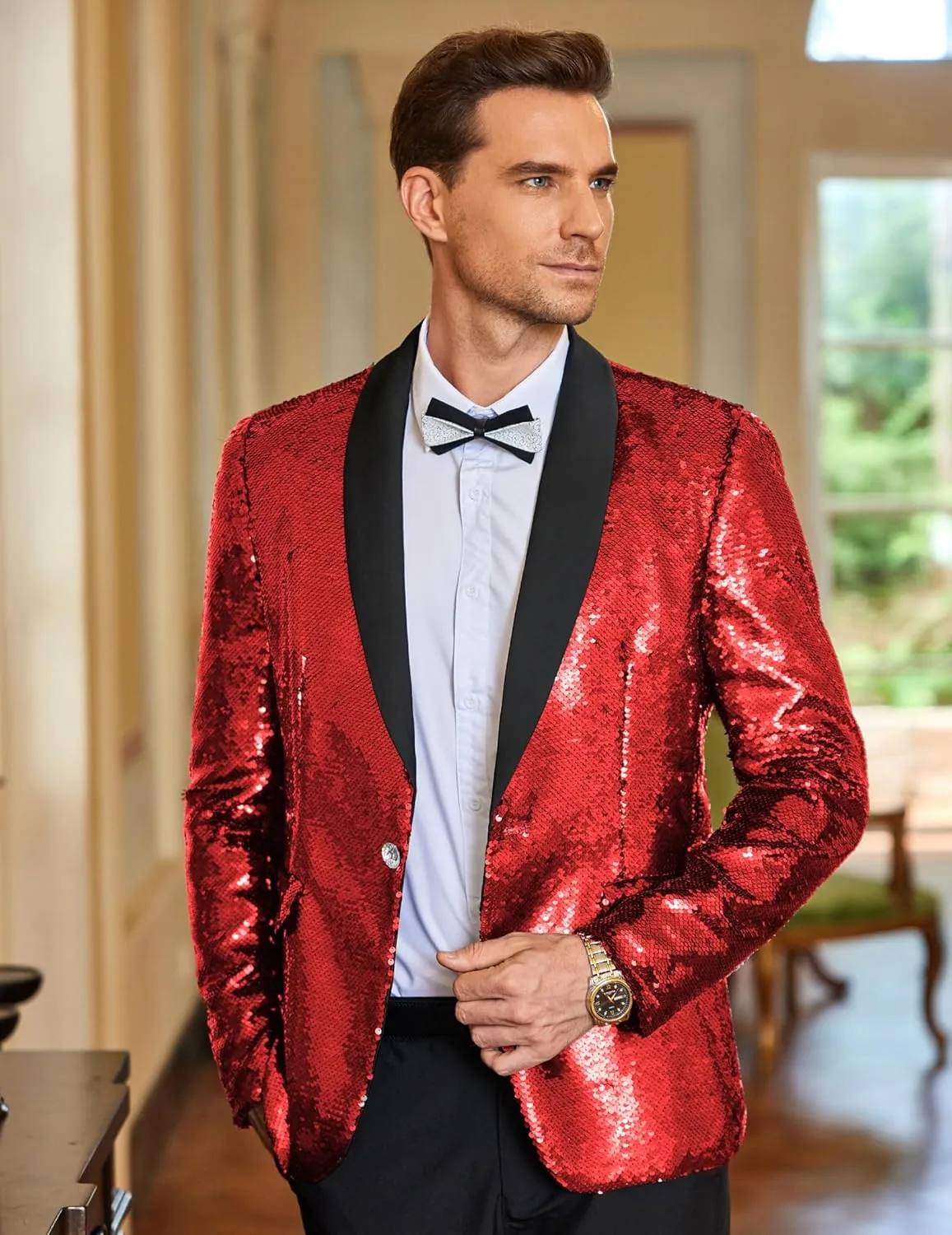 COOFANDY Men Shiny Sequin Blazer Tuxedo Party Dinner Prom One Button Suit Jacket