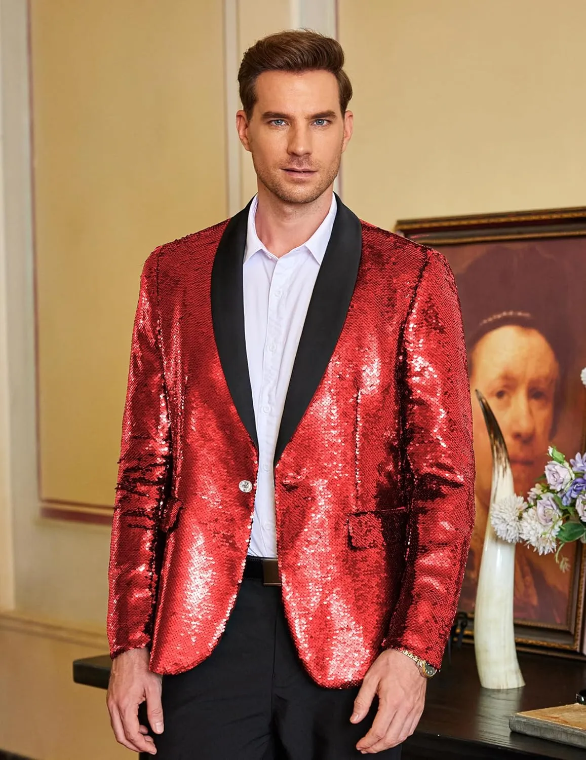 COOFANDY Men Shiny Sequin Blazer Tuxedo Party Dinner Prom One Button Suit Jacket