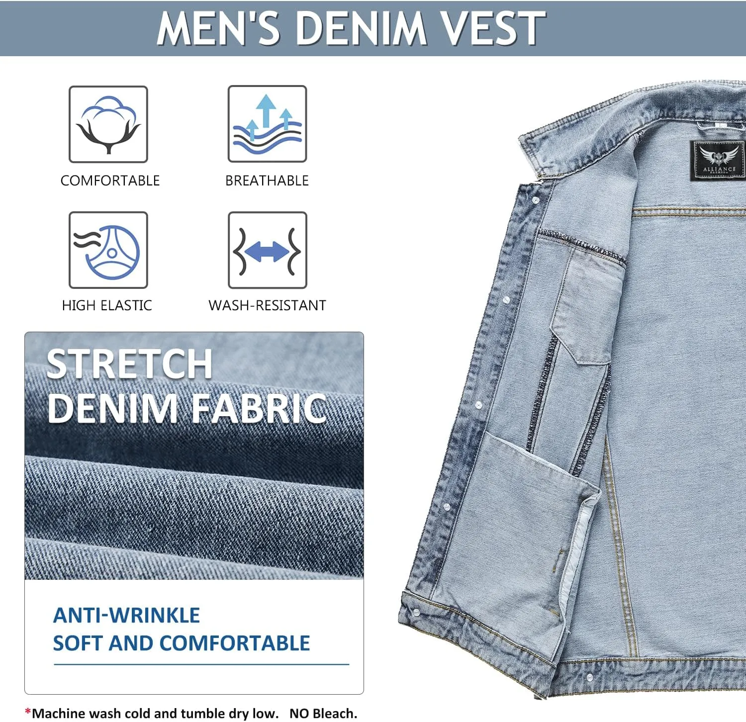 Denim Vest Jacket for Men Fashion Stretchy Trucker Sleeveless Jean Outerwear