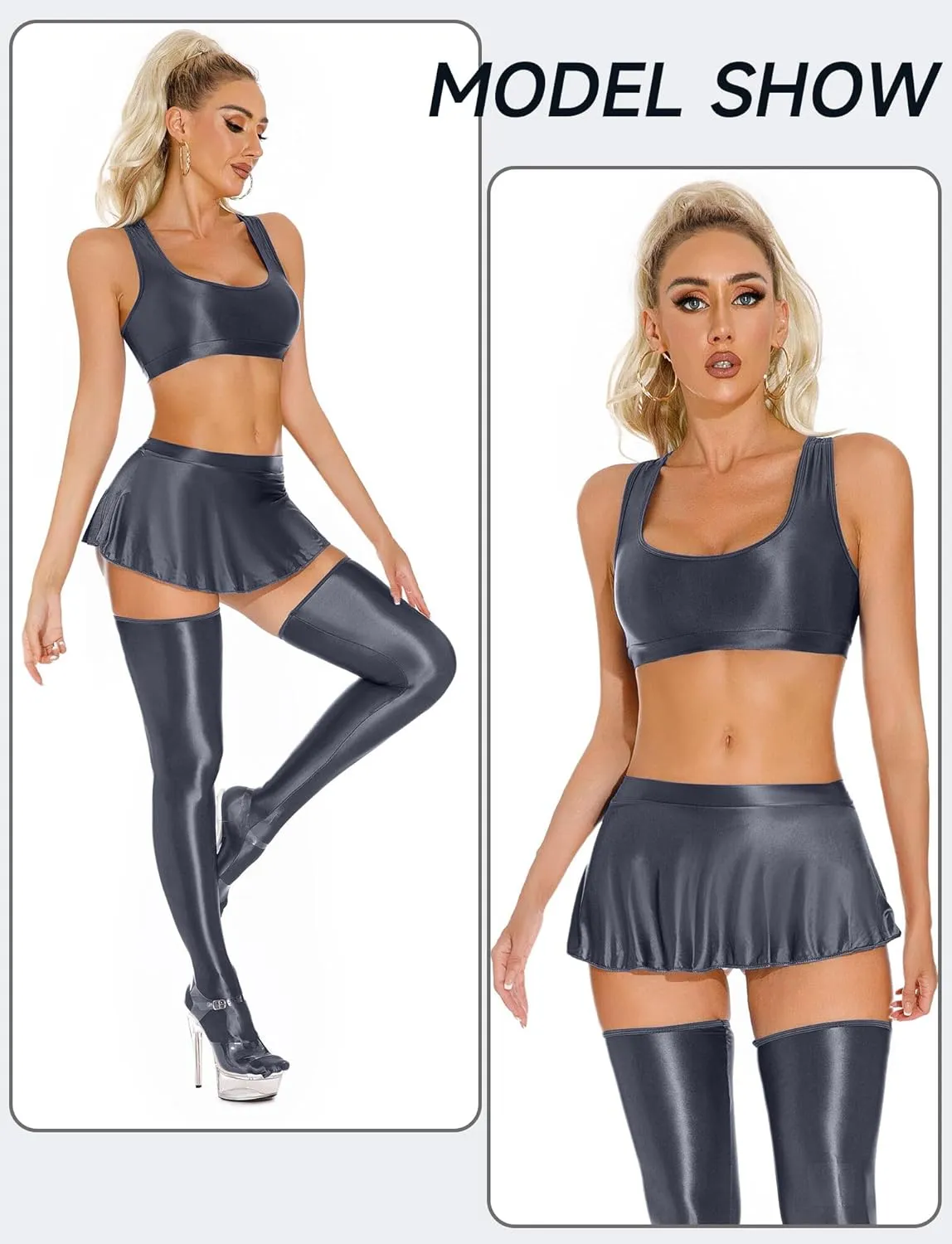FEOYA Women's Oil Shiny Mini Skirts Sexy Slim Fit Bodycon Pleated Skirt Club Party Pencil Mini Skirt Lingerie