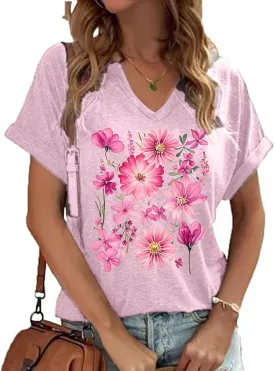 Floral Shirt for Women V Neck Vintage Boho T Shirt Casual Flower Graphic Tees Short Sleeve Tee Tops