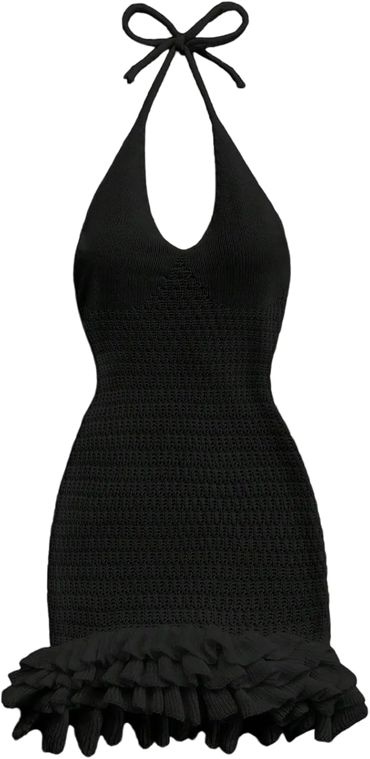 GORGLITTER Women's Crochet Halter Bubble Mini Dress Bow Backless Summer Bodycon Knit Dress Vacation Festival Outfits