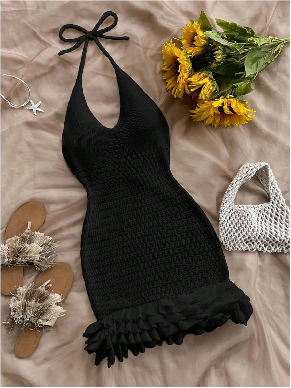 GORGLITTER Women's Crochet Halter Bubble Mini Dress Bow Backless Summer Bodycon Knit Dress Vacation Festival Outfits