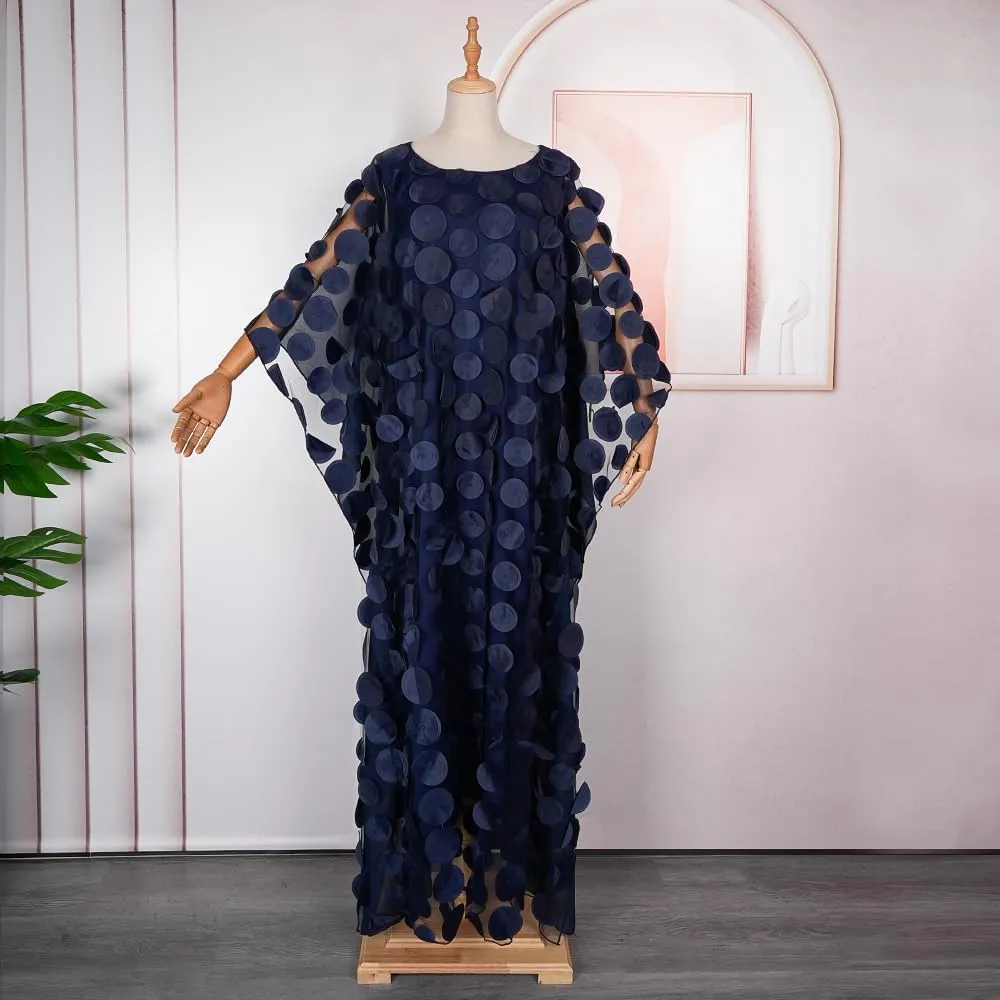 HD Afircan Women Applique Flower Dress Boat Neck Caftan Chiffon Gown One Size