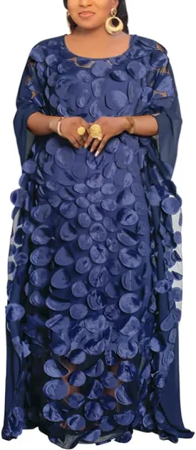 HD Afircan Women Applique Flower Dress Boat Neck Caftan Chiffon Gown One Size