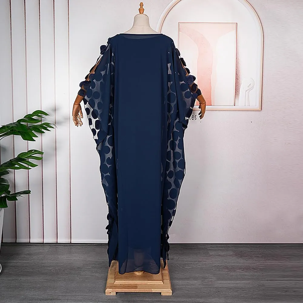 HD Afircan Women Applique Flower Dress Boat Neck Caftan Chiffon Gown One Size