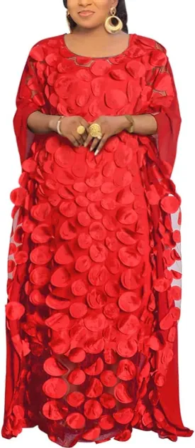 HD Afircan Women Applique Flower Dress Boat Neck Caftan Chiffon Gown One Size
