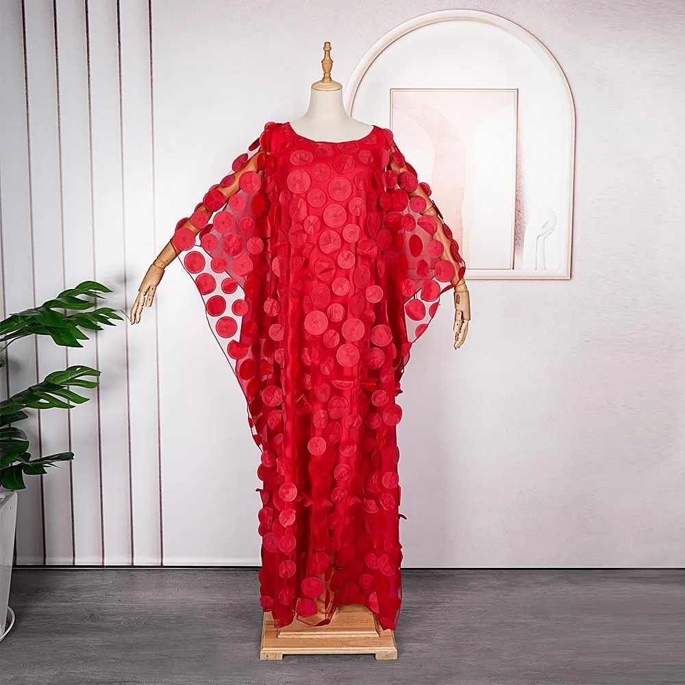 HD Afircan Women Applique Flower Dress Boat Neck Caftan Chiffon Gown One Size