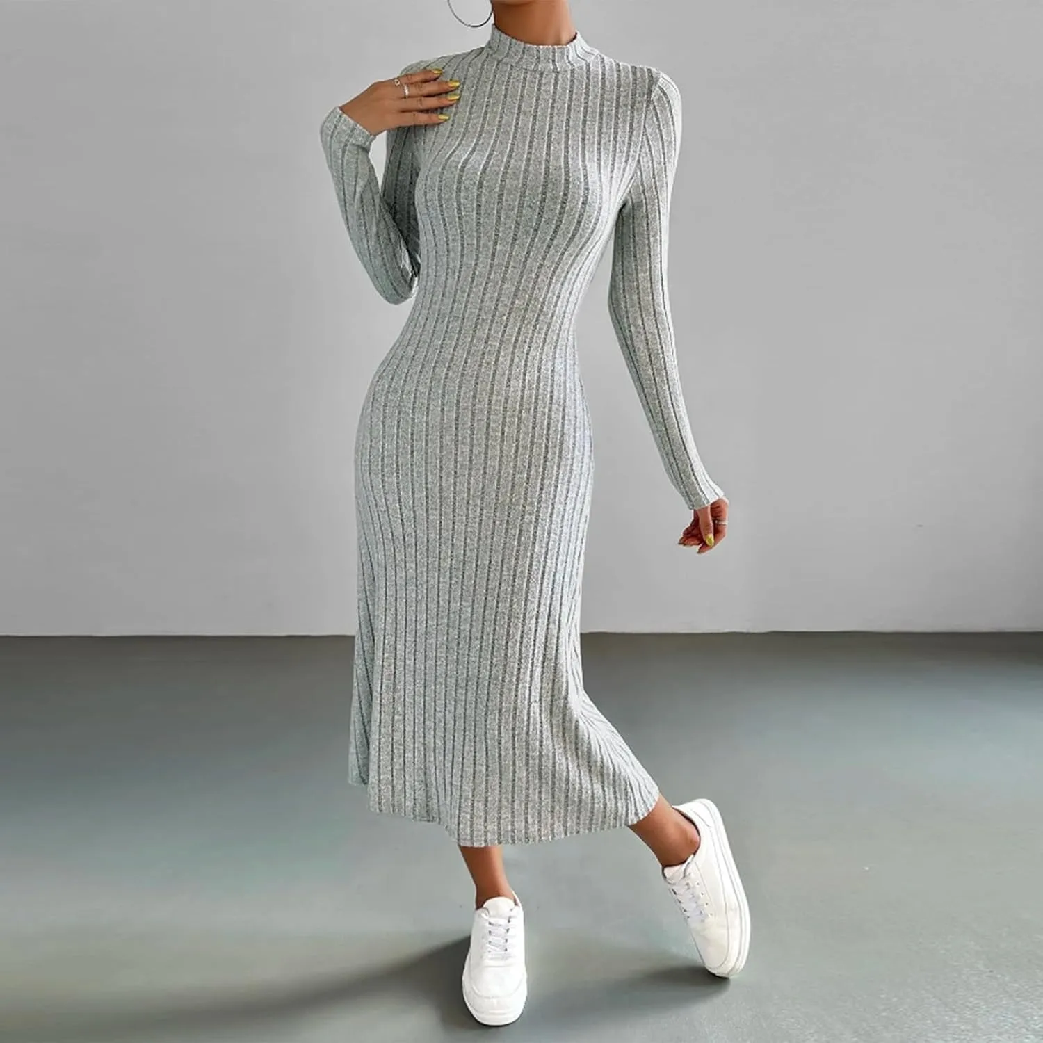 HGps8w Womens Sweater Dresses Long Sleeve Turtleneck Slim Fitted Ribbed Knit Maxi Dress 2025 Trendy Fall Outfits