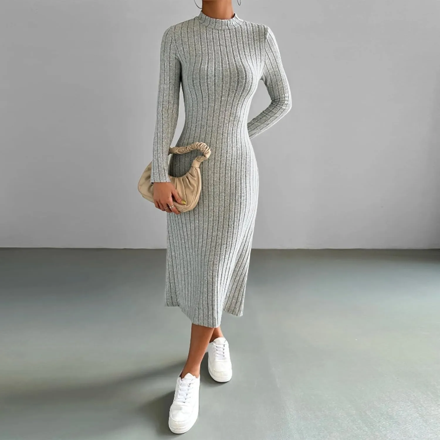 HGps8w Womens Sweater Dresses Long Sleeve Turtleneck Slim Fitted Ribbed Knit Maxi Dress 2025 Trendy Fall Outfits