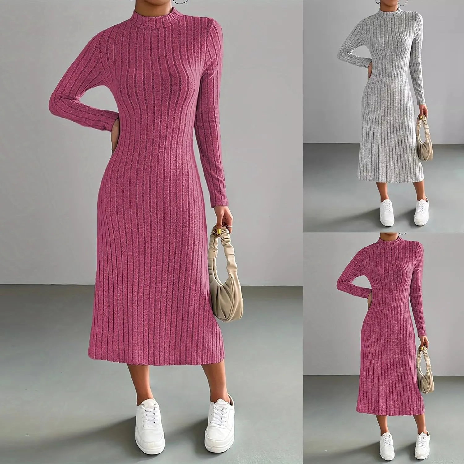 HGps8w Womens Sweater Dresses Long Sleeve Turtleneck Slim Fitted Ribbed Knit Maxi Dress 2025 Trendy Fall Outfits