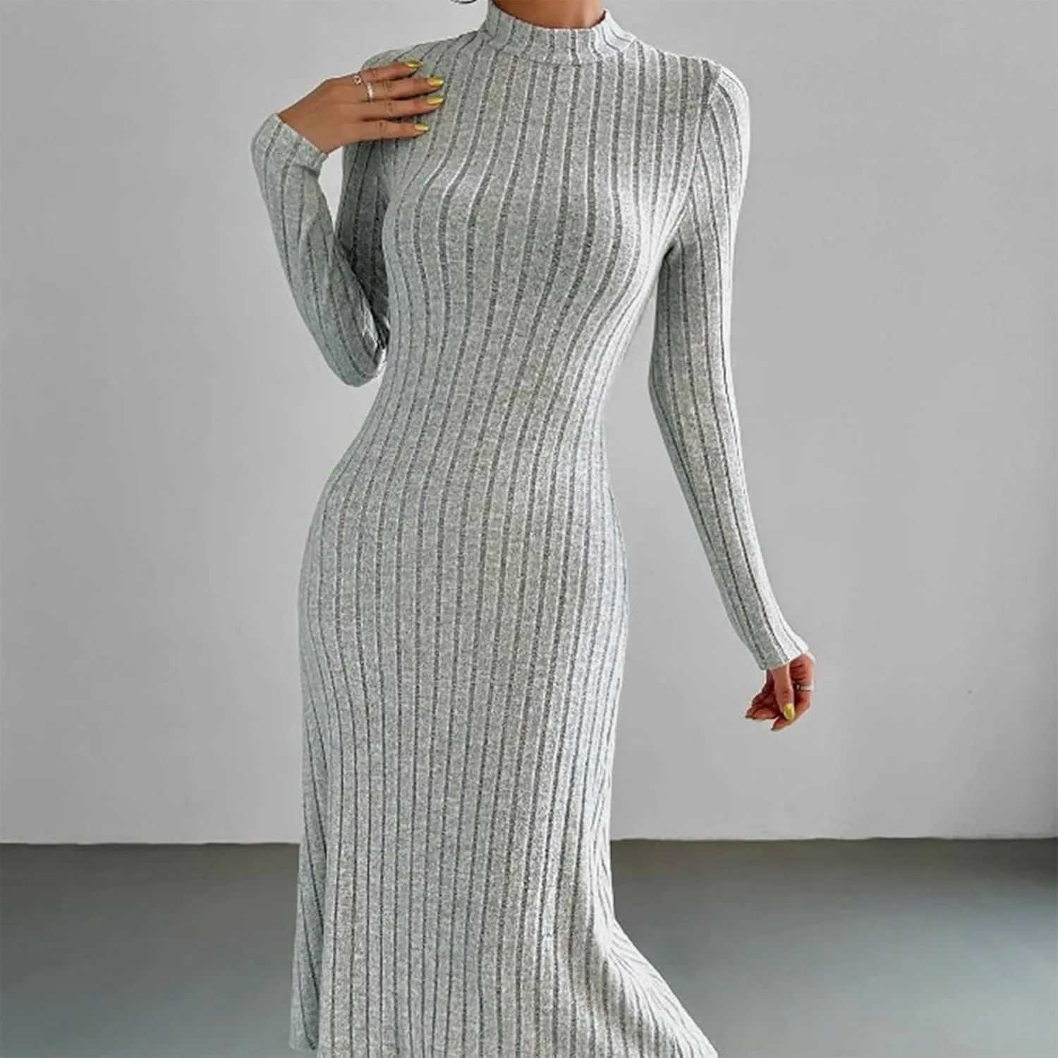 HGps8w Womens Sweater Dresses Long Sleeve Turtleneck Slim Fitted Ribbed Knit Maxi Dress 2025 Trendy Fall Outfits