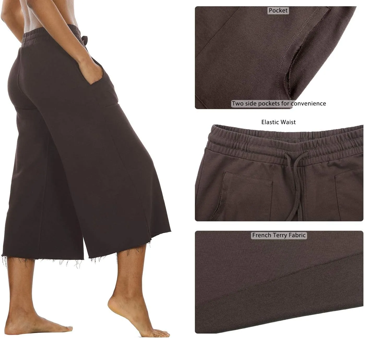 icyzone Culottes Capri Pants for Women - Elastic Waist Wide Leg Joggers Casual Lounge Cotton Sweatpants with Pockets