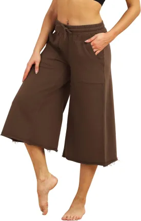 icyzone Culottes Capri Pants for Women - Elastic Waist Wide Leg Joggers Casual Lounge Cotton Sweatpants with Pockets