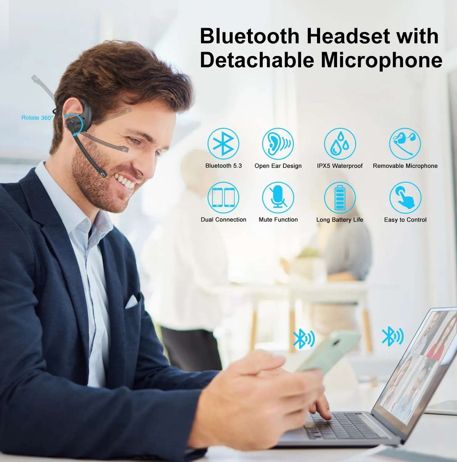 iDIGMALL Bluetooth Headset with Detachable Microphone, Multi-Point Wireless Headset w/DSP Noise Canceling Mic for Phone PC Laptop, Comfort & Light Open Ear headphones for Office Meeting Home Work, 12H