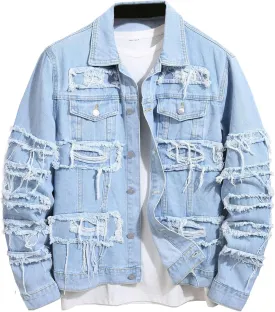 JEKE-DG Men's Distressed Lapel Trucker Jeans Jacket Fashion Button Up Casual Denim Jacket Slim Fit Comfort Spring Jean Coat