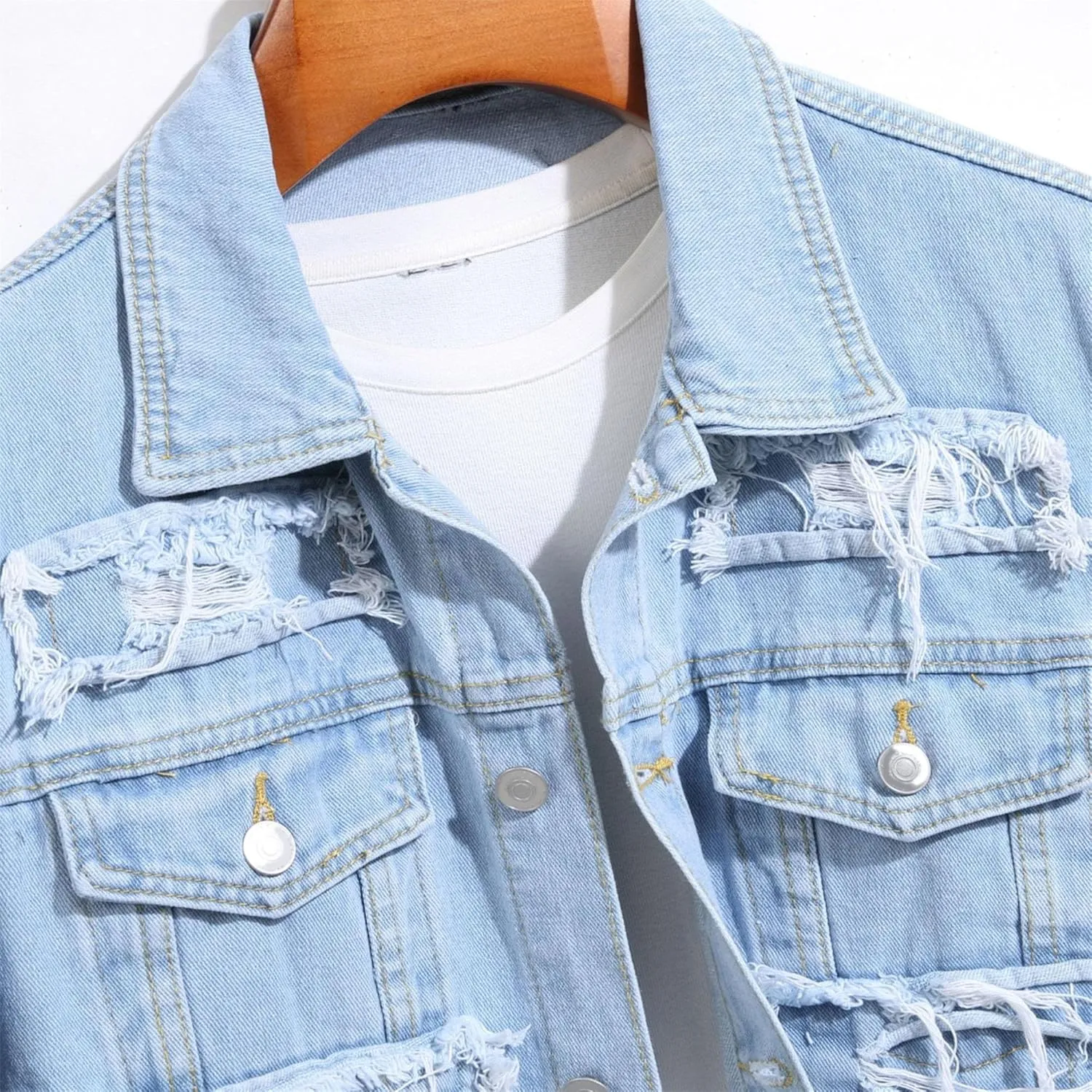 JEKE-DG Men's Distressed Lapel Trucker Jeans Jacket Fashion Button Up Casual Denim Jacket Slim Fit Comfort Spring Jean Coat