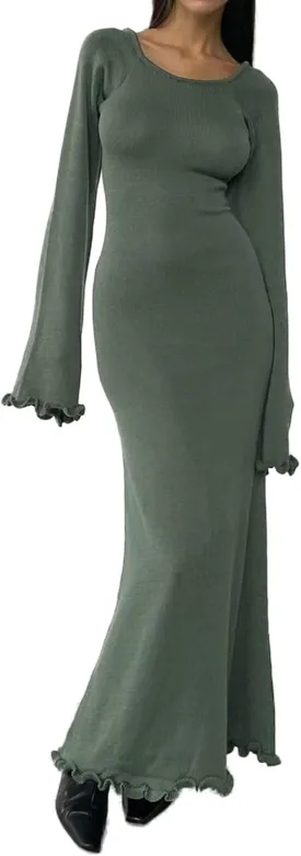 lisenraIn Women Long Sleeve Sweater Dress Elegant Bodycon Ribbed Knit Maxi Dress Spring Fall Fitted Sweater Maxi Dress