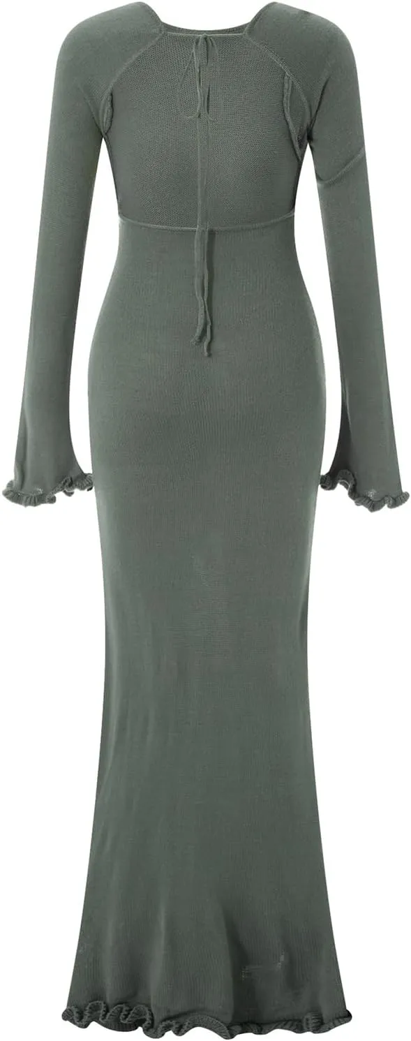 lisenraIn Women Long Sleeve Sweater Dress Elegant Bodycon Ribbed Knit Maxi Dress Spring Fall Fitted Sweater Maxi Dress