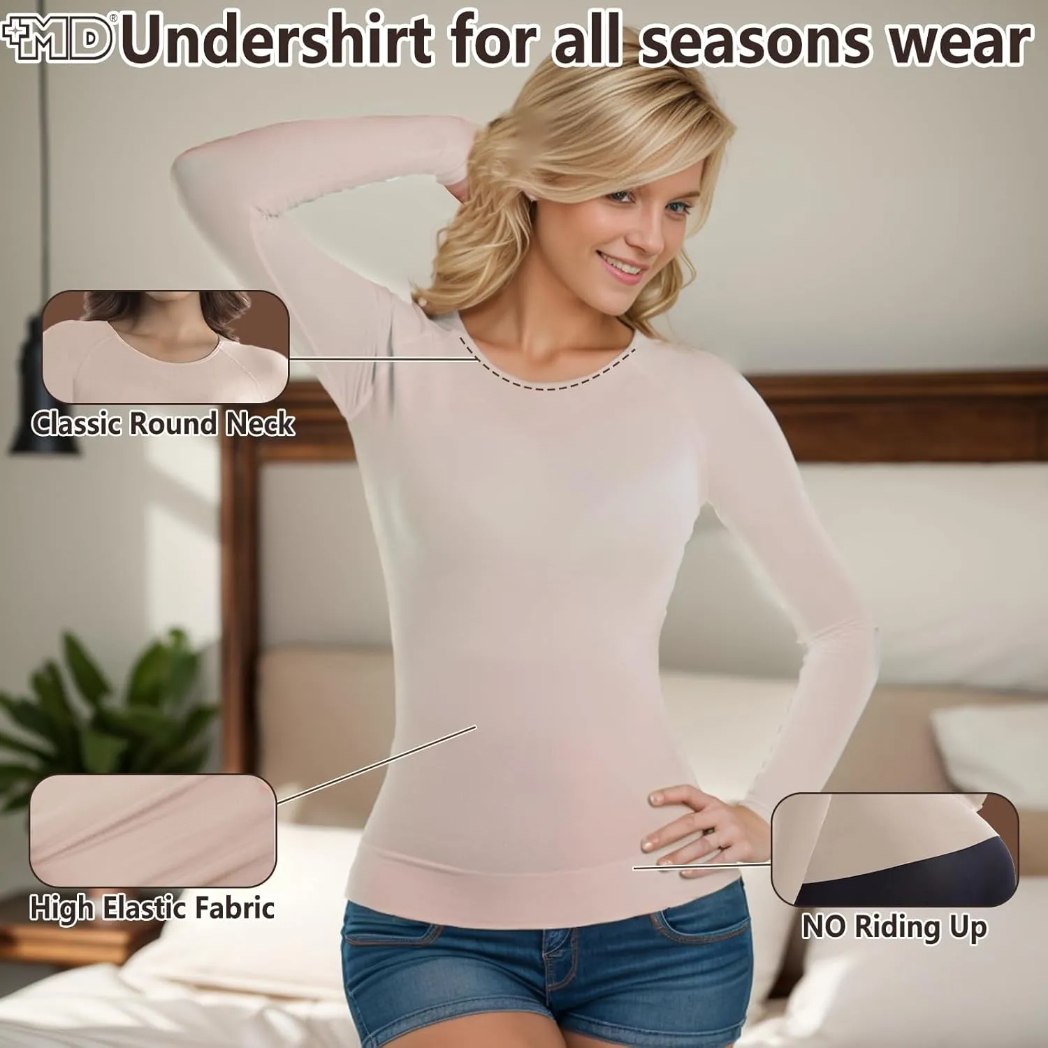  MD Womens Long Sleeve Undershirts Tops, Bamboo Round Neck Slim Fit Baselayer, Soft Thermal Underwear, Light Compression