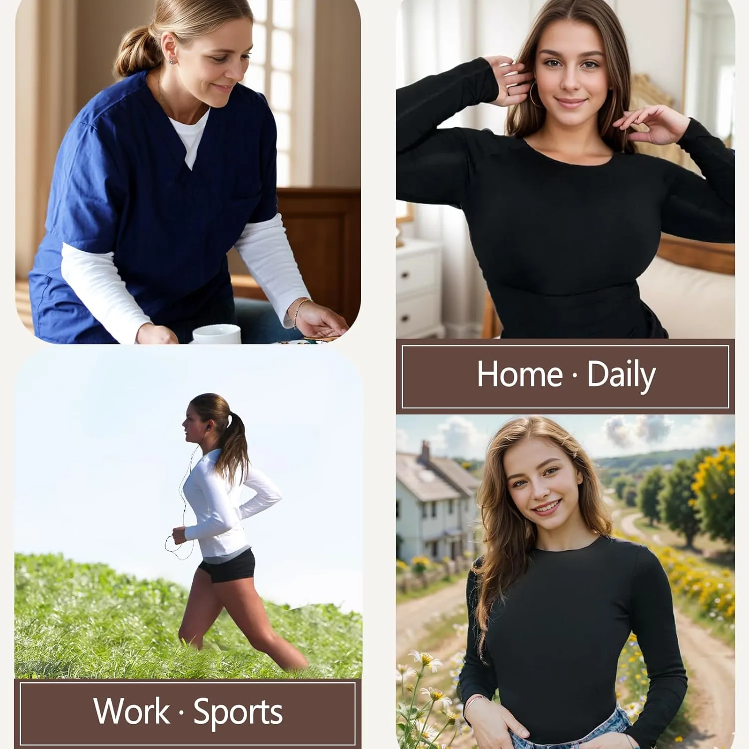  MD Womens Long Sleeve Undershirts Tops, Bamboo Round Neck Slim Fit Baselayer, Soft Thermal Underwear, Light Compression
