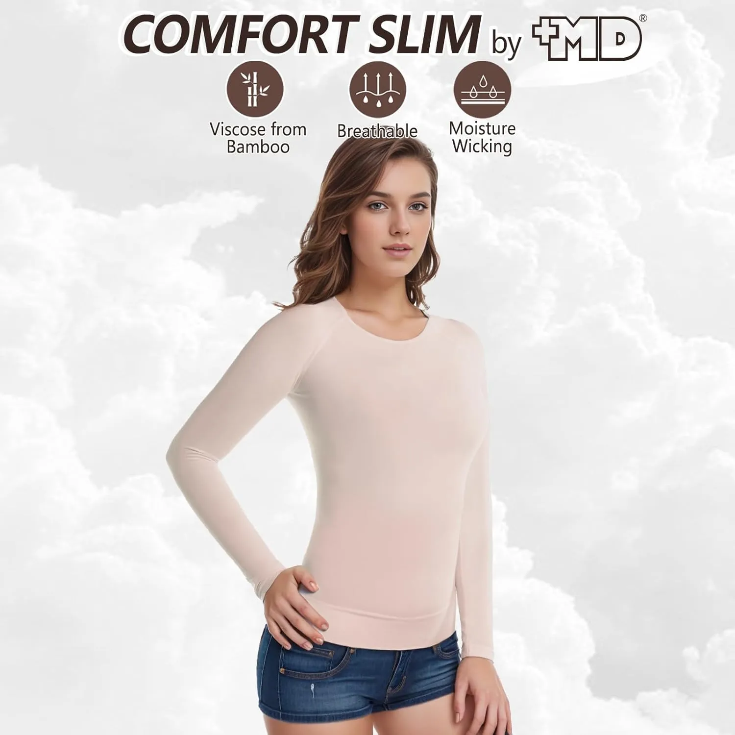  MD Womens Long Sleeve Undershirts Tops, Bamboo Round Neck Slim Fit Baselayer, Soft Thermal Underwear, Light Compression