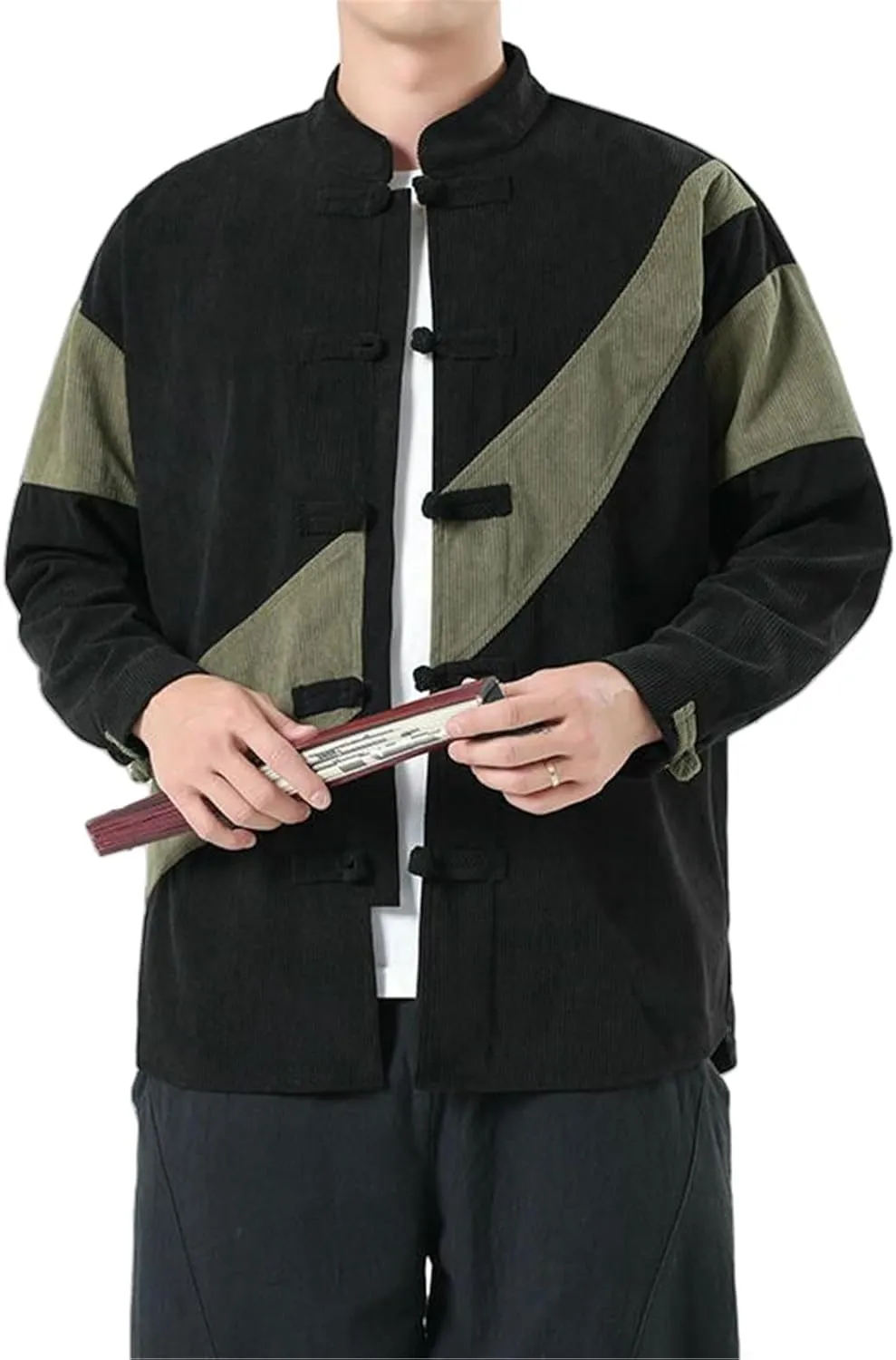 Men's Autumn Retro Trendy Chinese Style Tang Suit Corduroy Frog Button Long Sleeve Shirt