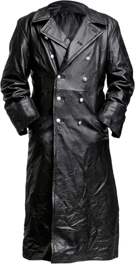 Mens Black Leather Trench Coat - Double Breasted German Classic Officer WW2 Military Uniform Jacket