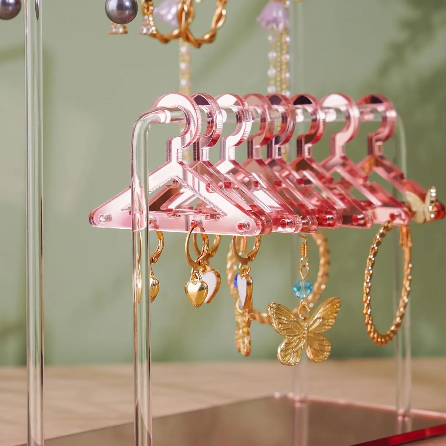 NiHome Acrylic Earring Holder with Unique Double-Tiered Design, Cute Miniature Clothing Hangers with Spacious Storage for 48 Pairs, Mirror-Finish Display for Home Vanity & Retail Showrooms (Rose Gold)