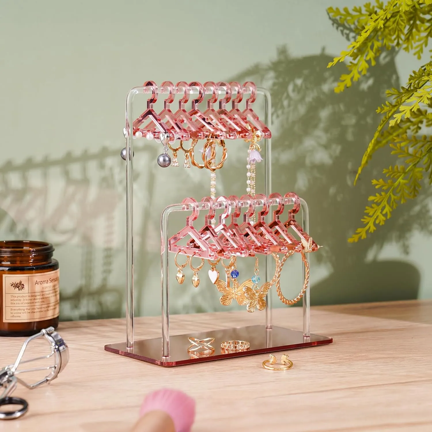 NiHome Acrylic Earring Holder with Unique Double-Tiered Design, Cute Miniature Clothing Hangers with Spacious Storage for 48 Pairs, Mirror-Finish Display for Home Vanity & Retail Showrooms (Rose Gold)