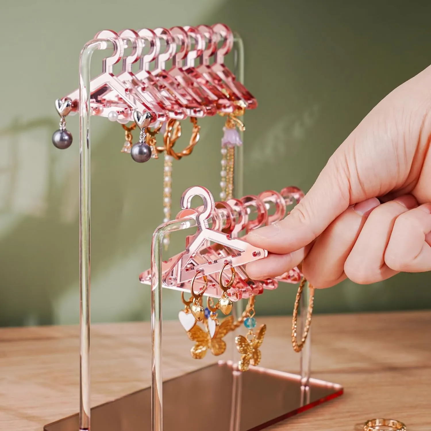 NiHome Acrylic Earring Holder with Unique Double-Tiered Design, Cute Miniature Clothing Hangers with Spacious Storage for 48 Pairs, Mirror-Finish Display for Home Vanity & Retail Showrooms (Rose Gold)