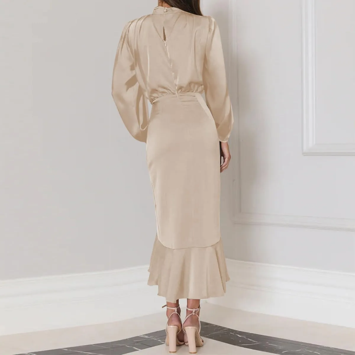 ODIZLI Women Mock Neck Satin Dresses Cocktail Dress Elegant Long Sleeve Ruffle Wrap Fall Dresses