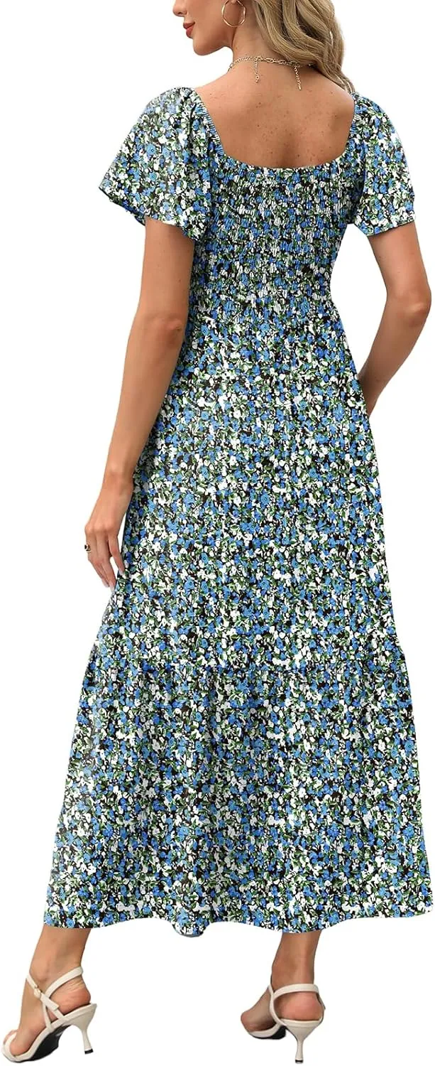 OFEEFAN Summer Dresses for Women Square Neck Ruffle Sleeve Smocked Maxi Dress with Pockets