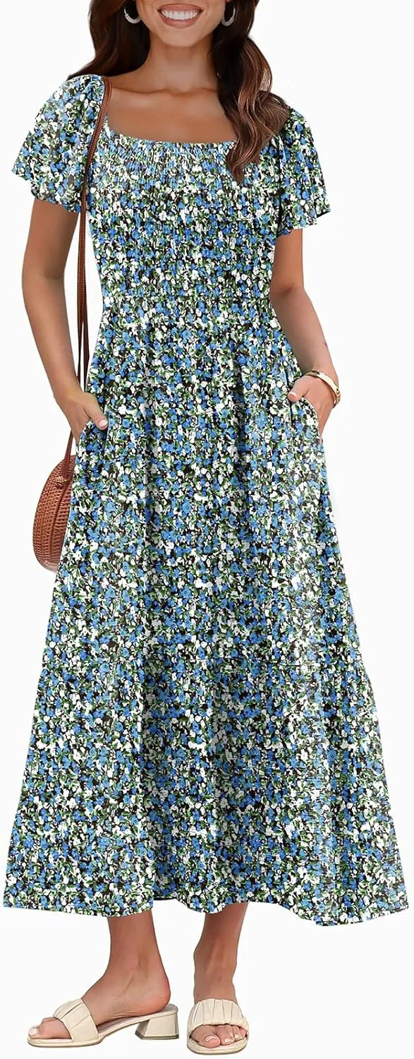 OFEEFAN Summer Dresses for Women Square Neck Ruffle Sleeve Smocked Maxi Dress with Pockets