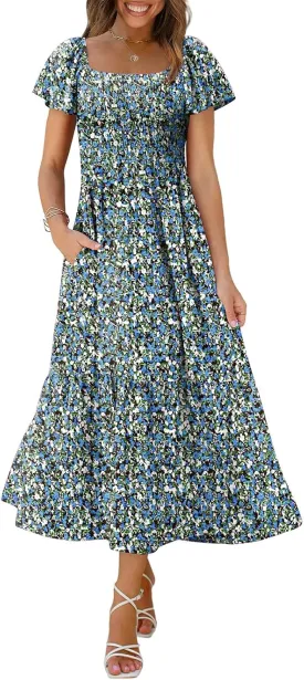 OFEEFAN Summer Dresses for Women Square Neck Ruffle Sleeve Smocked Maxi Dress with Pockets