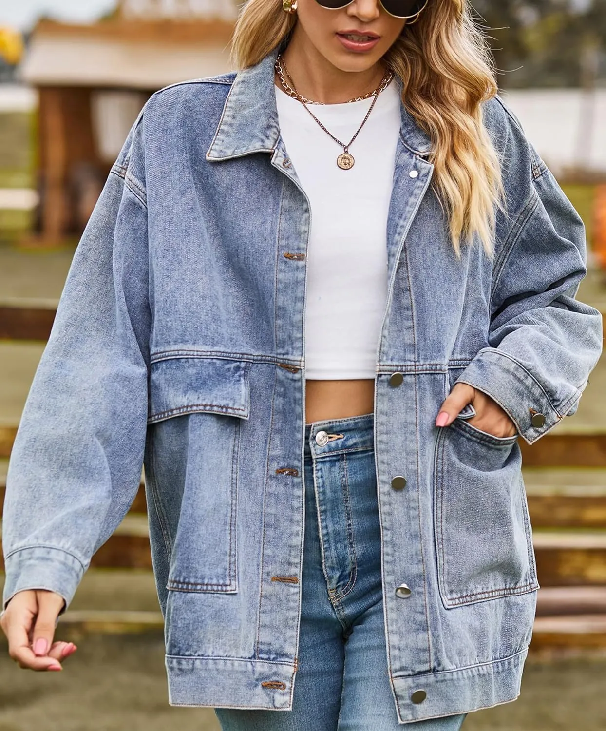 PAODIKUAI Women's Oversized Denim Jacket Casual Long Sleeve Vintage Jean Jacket Top Coat with Pockets