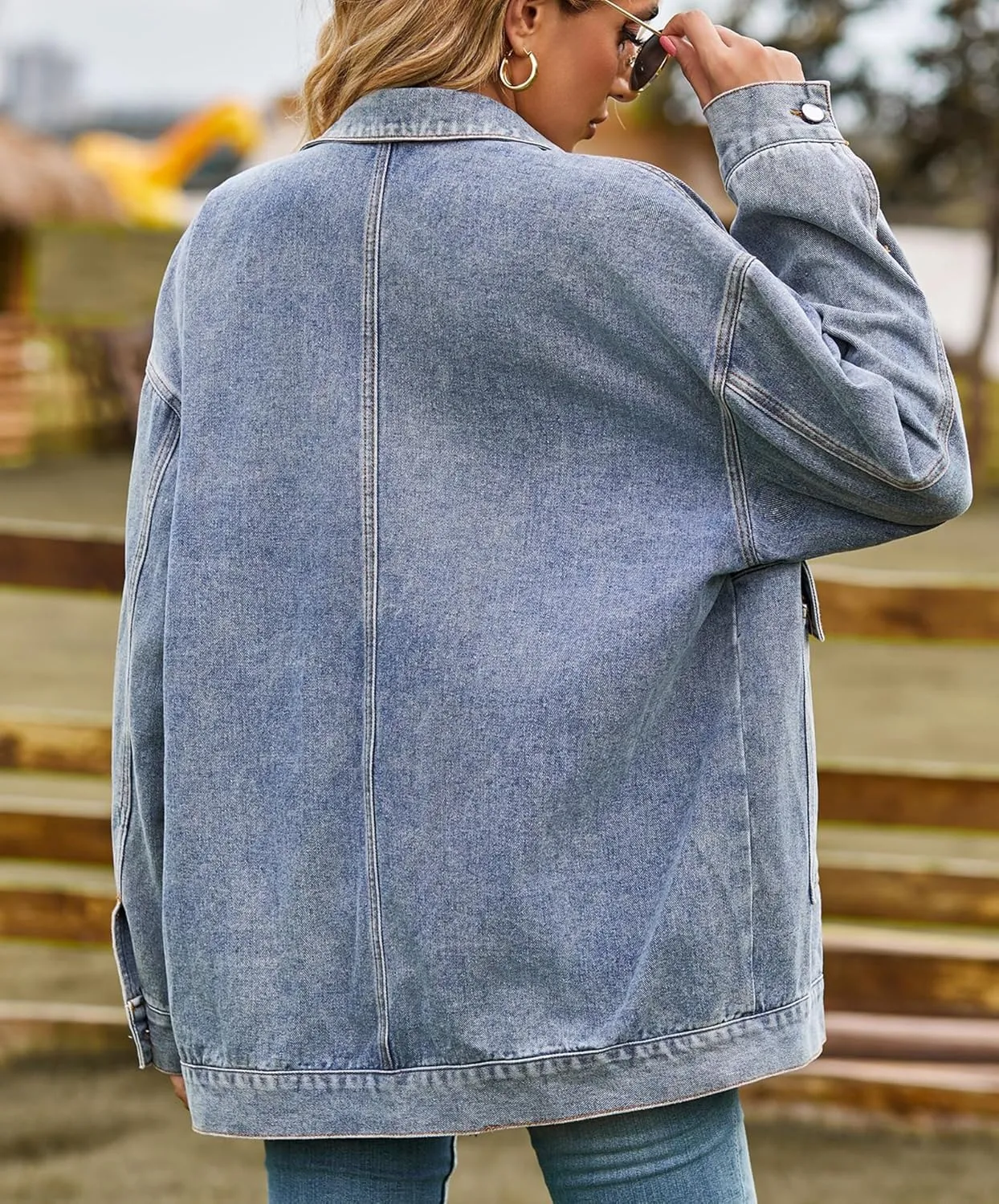 PAODIKUAI Women's Oversized Denim Jacket Casual Long Sleeve Vintage Jean Jacket Top Coat with Pockets