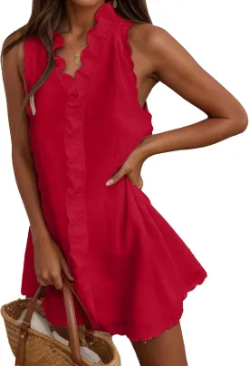 Ruffle Linen Mini Dress Women Summer Sleeveless V Neck Beach Sundress Casual Vacation Loose Short Shift Tank Dress