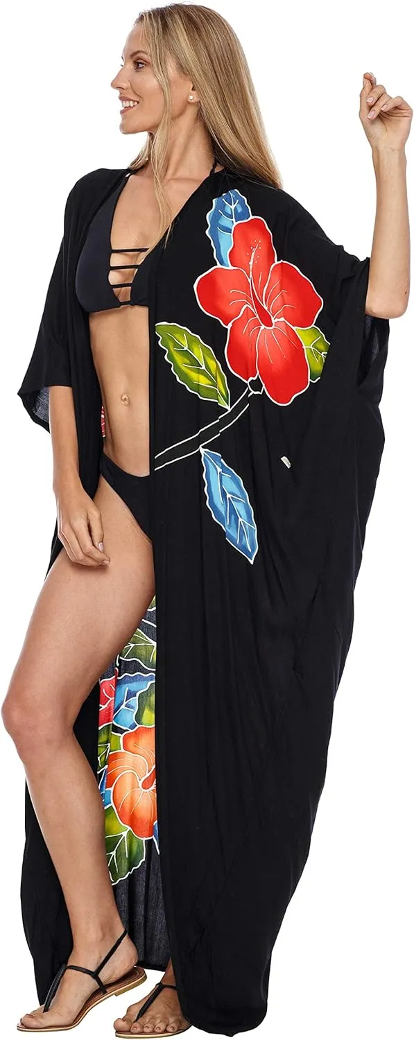 SHU-SHI Womens Kimono Cardigan Open Front Floral Robe Beach Cover Up One Size